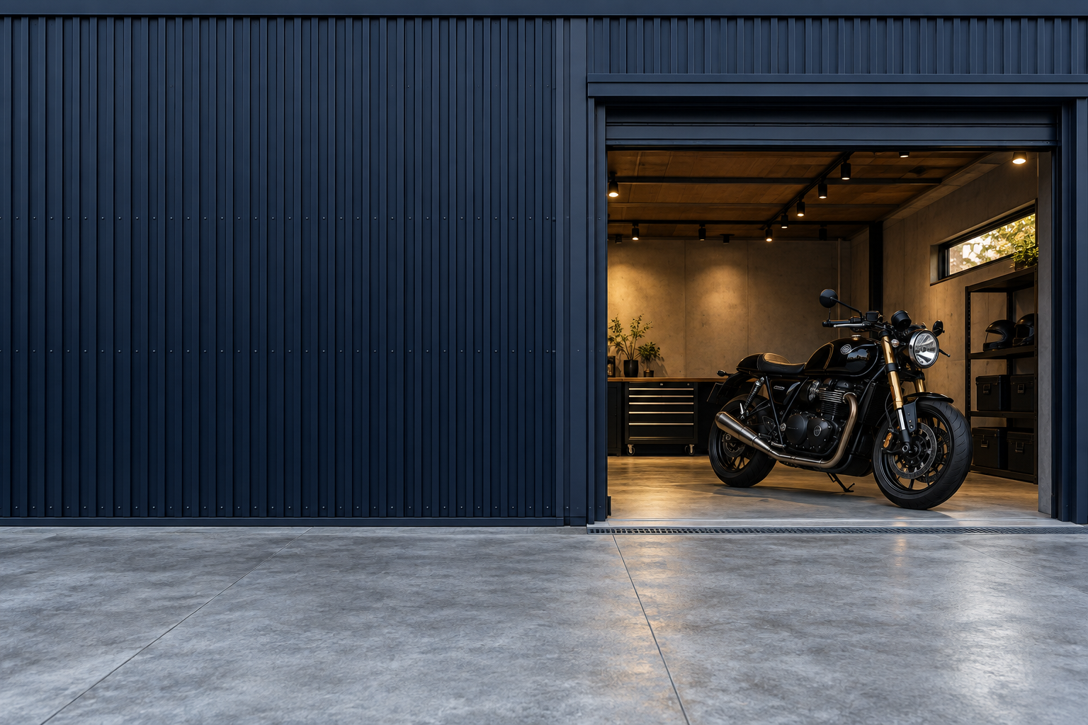 紺色のガレージとバイクのイメージ
